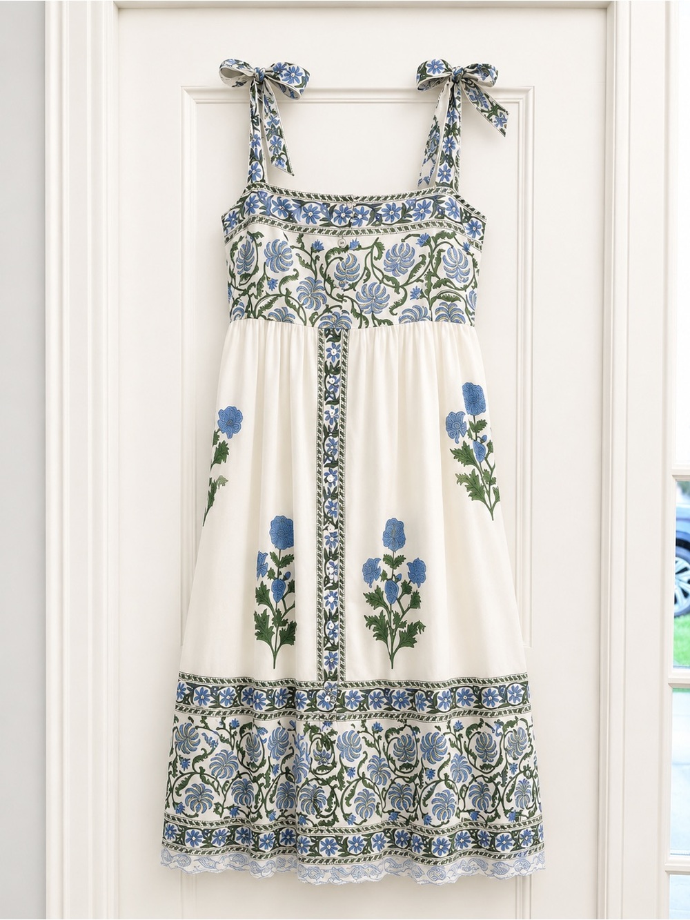 Juliet Dunn Cream Maxi Dress with Blue and Green Floral Embroidery